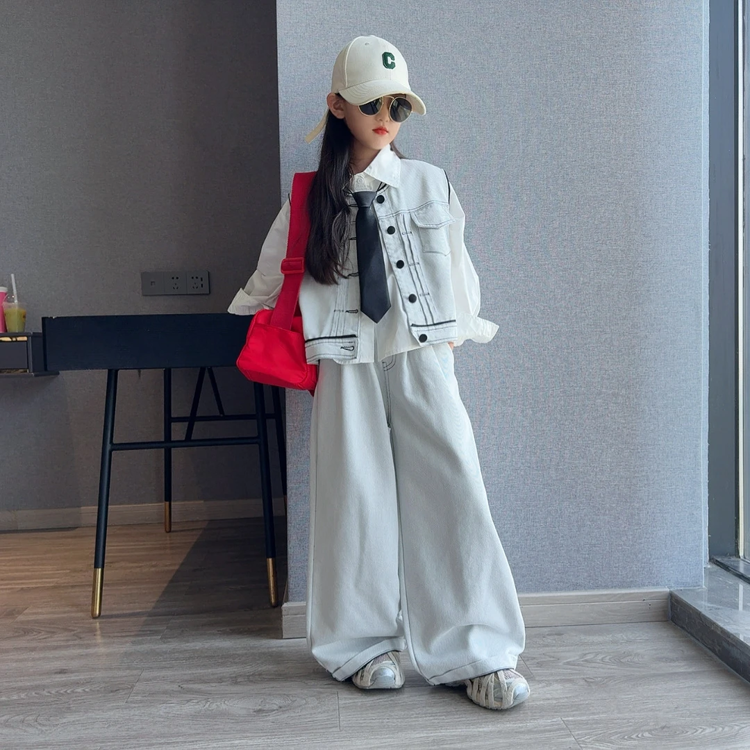 女童2025秋季新款时尚百搭马甲背心牛仔套装女孩韩版阔腿裤三件套