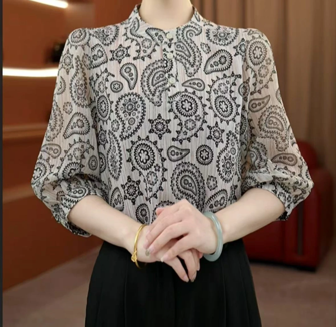 洒银工艺2025新款夏季洋气百搭碎花气质优雅显瘦修身七分袖0701