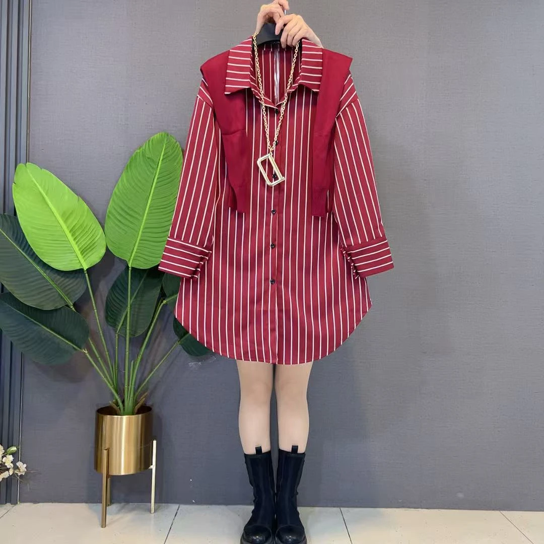 欧货洋气纯色披肩翻领长袖条纹衬衫胖妹妹款休闲宽松遮肉两件套潮