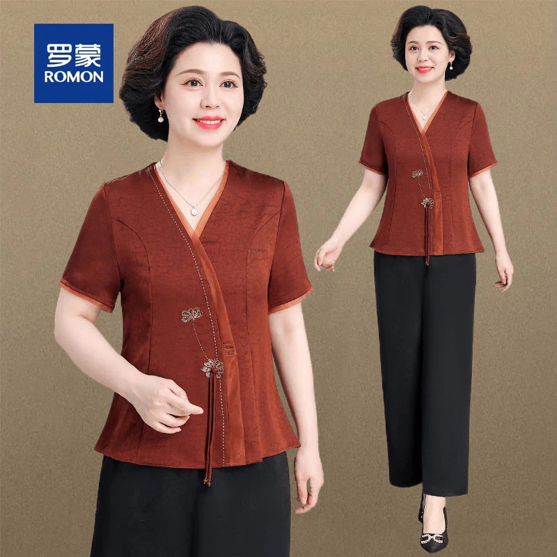 罗蒙妈妈夏装国风气质小衫套装女新款中老年人女装新中式短袖衬衫