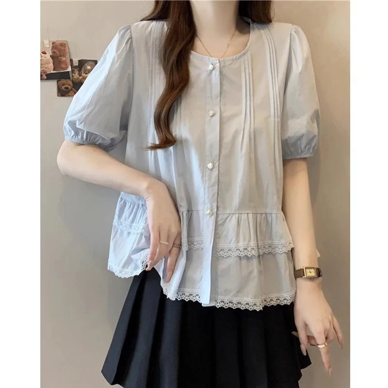 打底显瘦遮肚子加宽加大遮肉大码女装法式蕾丝花边减龄衬衫胖小衫