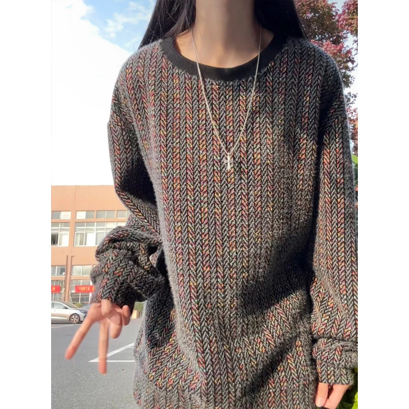 美式复古七彩卫衣男秋冬高级感痞帅圆领套头打底衫设计感小众上衣