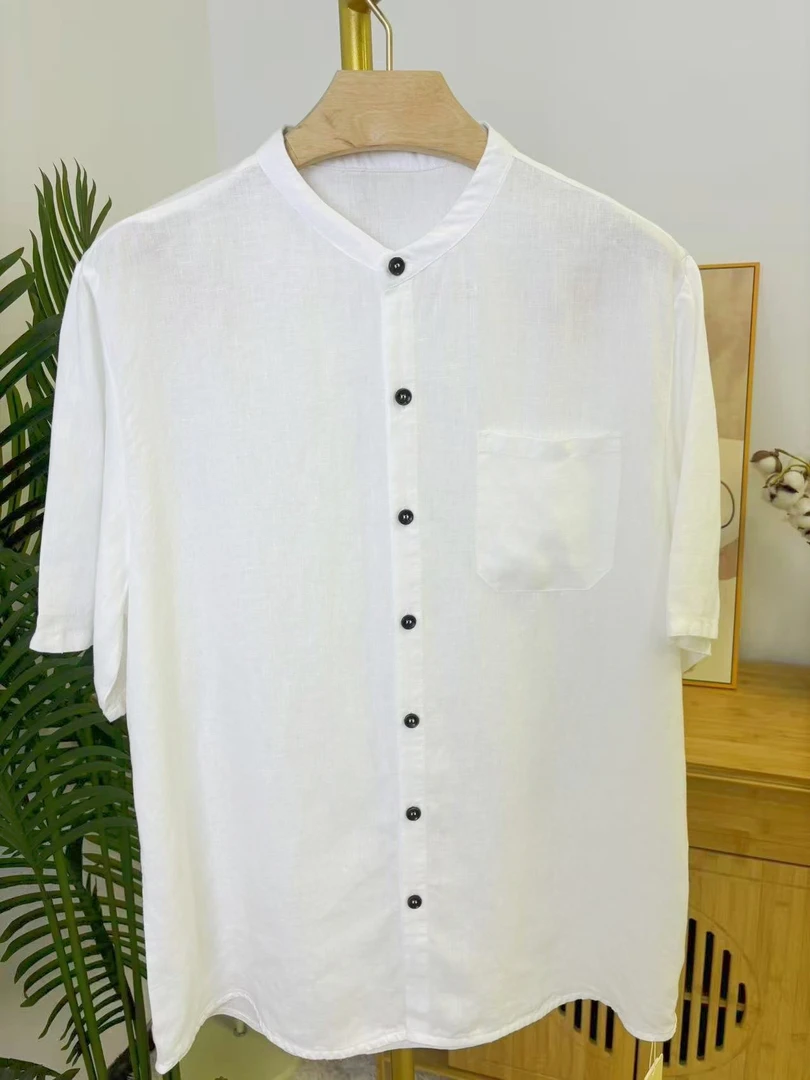 【雨露黄金纱】100%雨露汉麻男士短袖夏季薄款休闲上衣立领衬衫