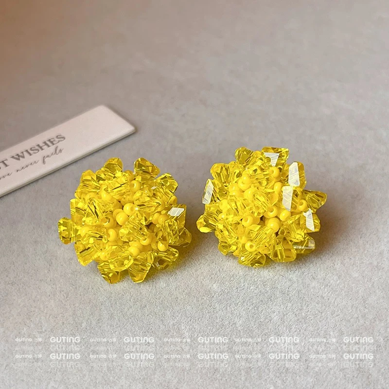 铜合金合成锆石耳饰 20453黄色小米珠串珠耳钉设计感小众气质独特