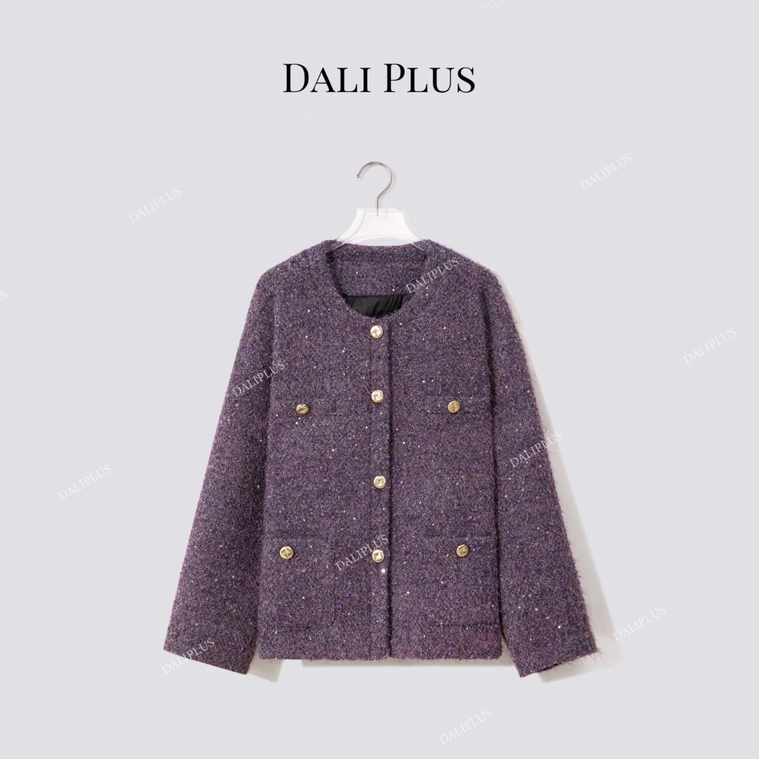 DALI PLUS“95鹅绒绵羊毛混纺粗花呢”花纱紫香风羽绒服-D5MM3095