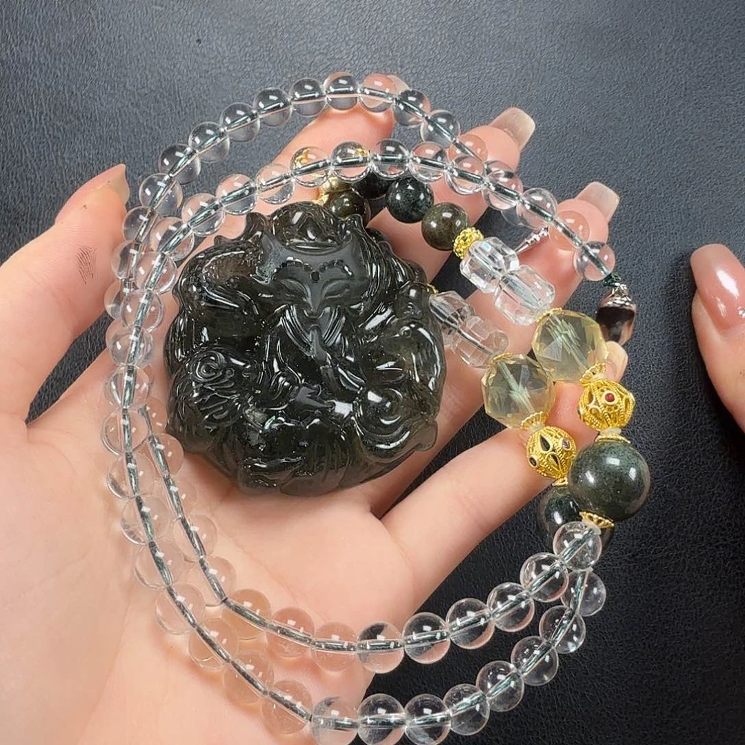 未镶嵌颈饰水晶绿幽灵五仙九尾狐吊坠