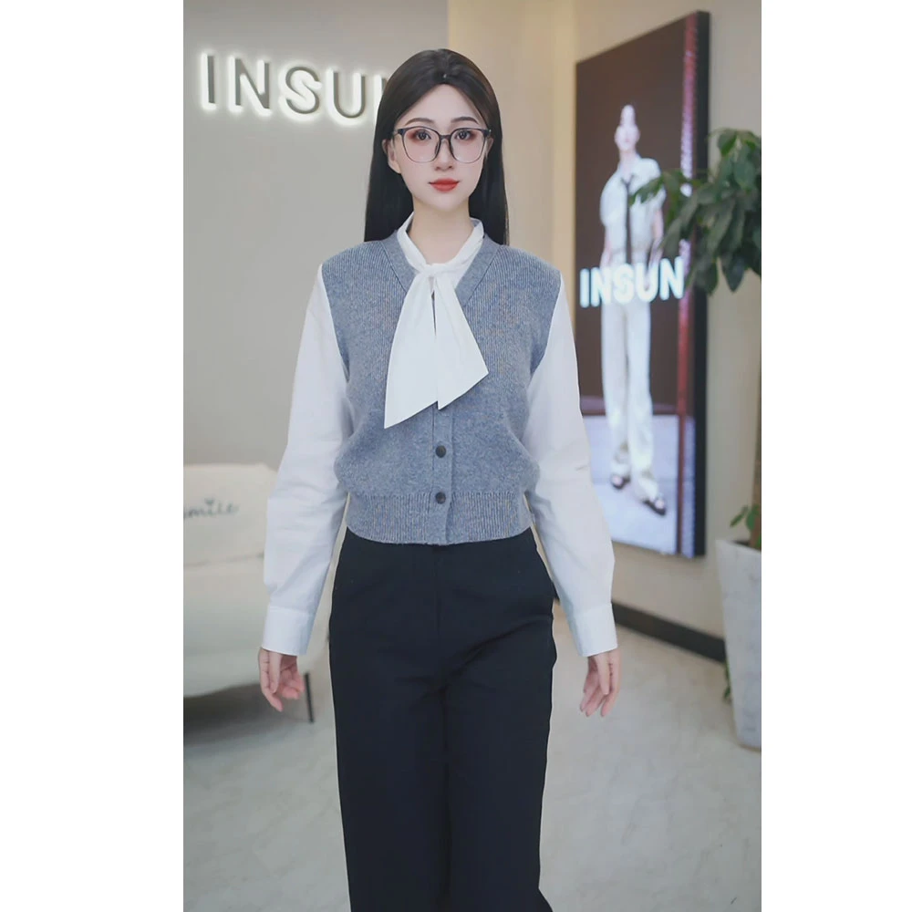 恩裳INSUN2025年春季新款时尚通勤假拼接两件针织衫9C65106400