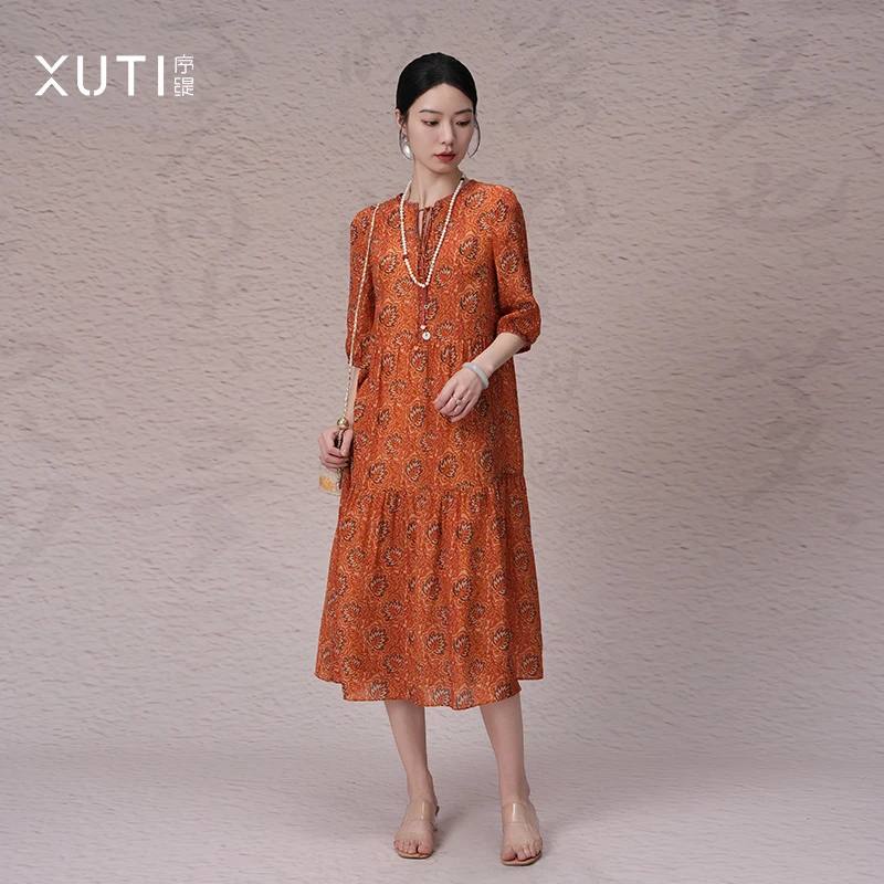 序缇『晚棠曳』夏季新款复古国风新中式女装桑蚕丝连衣裙S15-8250