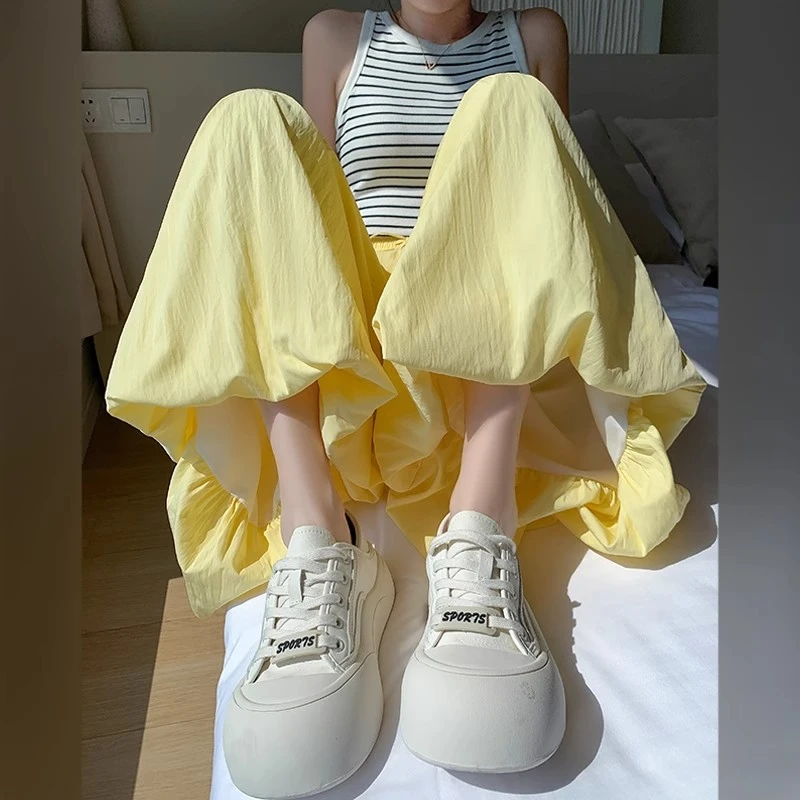 黄色花苞裙裤女夏薄款宽松小个子高腰垂坠感灯笼裤休闲显瘦阔腿裤