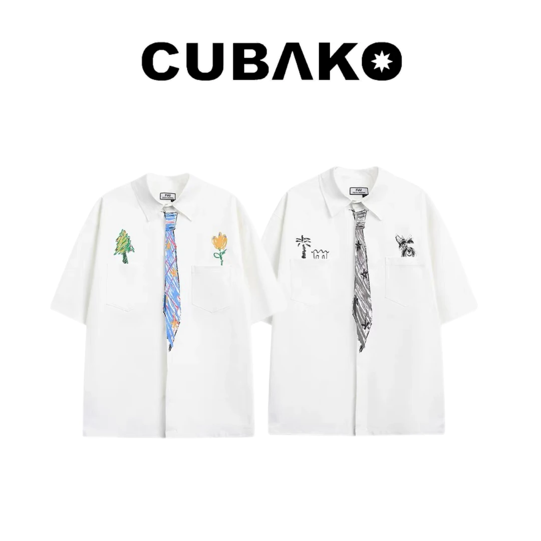 美式创意趣味手绘涂鸦领带短袖衬衫夏季少年感小众学院风半袖衬衣