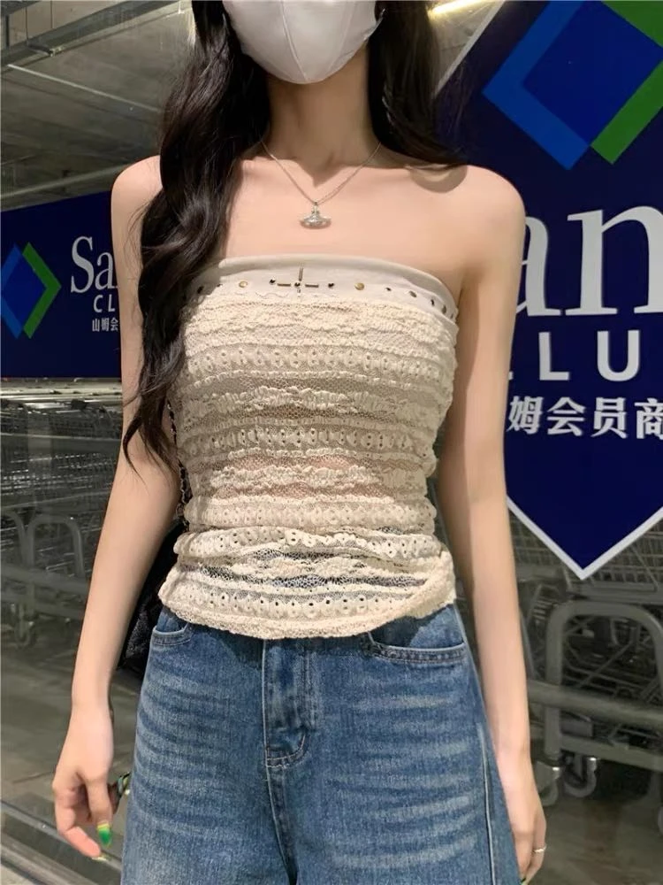 夏季新款纯欲性感蕾丝镂空叠穿外搭修身显瘦短款百搭收腰上衣