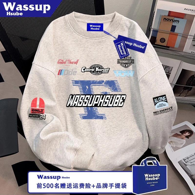 WASSUP HSUBE时尚秋冬季男女款上衣炫酷赛车风印花白灰色舒适卫衣