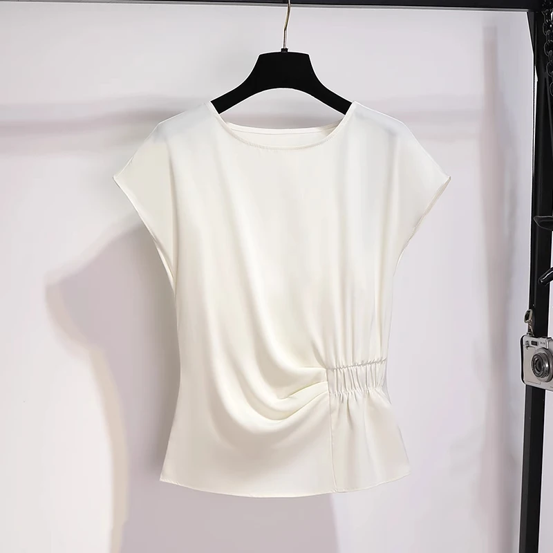 拉夏贝尔杏色高端醋酸上衣女2025夏季新款轻奢褶皱设计感缎面小衫