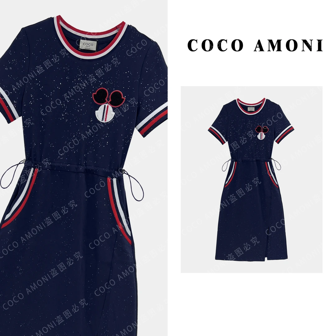 {曼姐}轻奢爆款拼接重工满天星抽绳收腰气质显瘦连衣裙服装ZC570