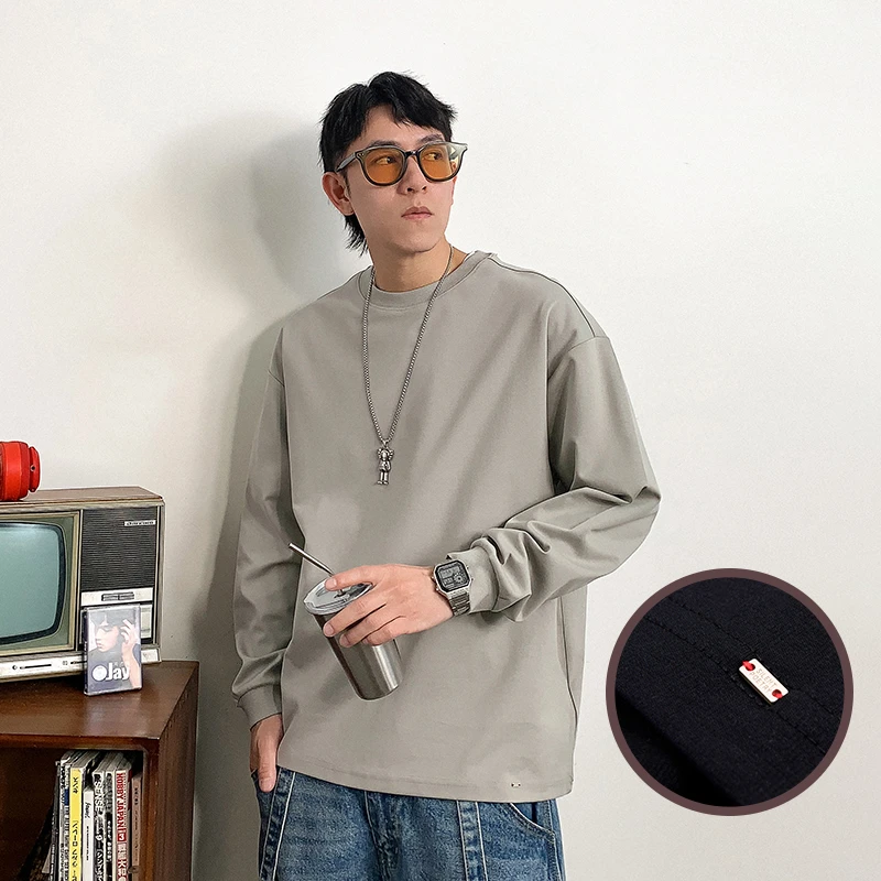 徐太浪简约百搭纯色长袖T恤男春秋新款大码男装宽松内搭打底上衣
