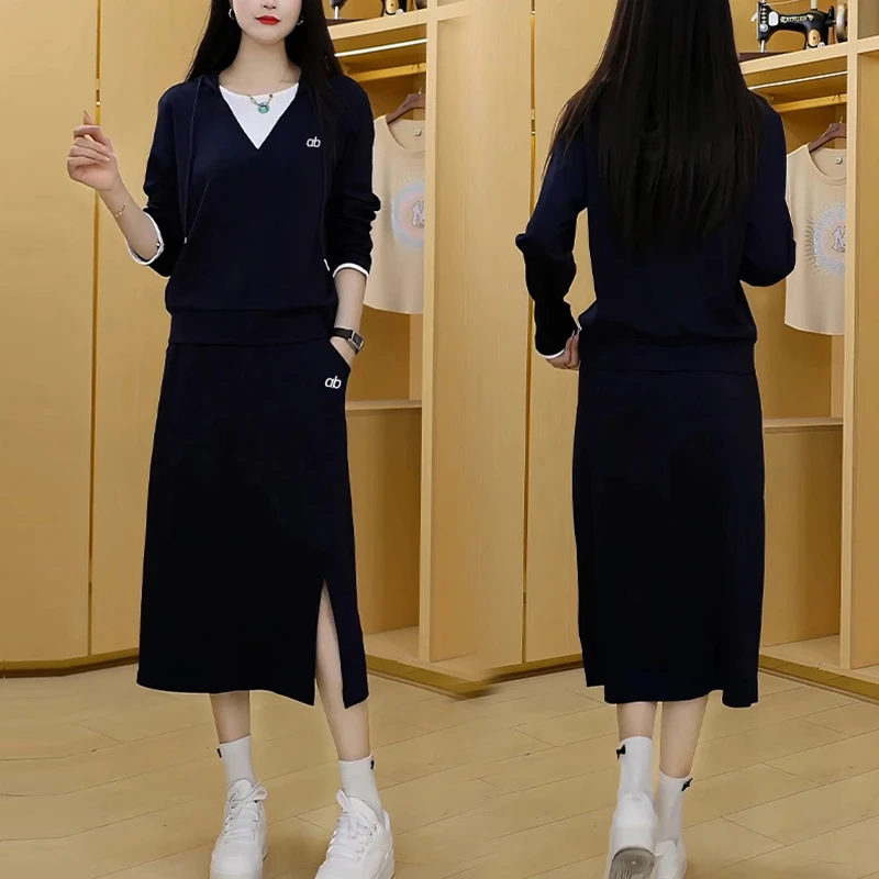 高含棉休闲洋气套装女2025年春秋新款假两件长袖卫衣半身裙两件套