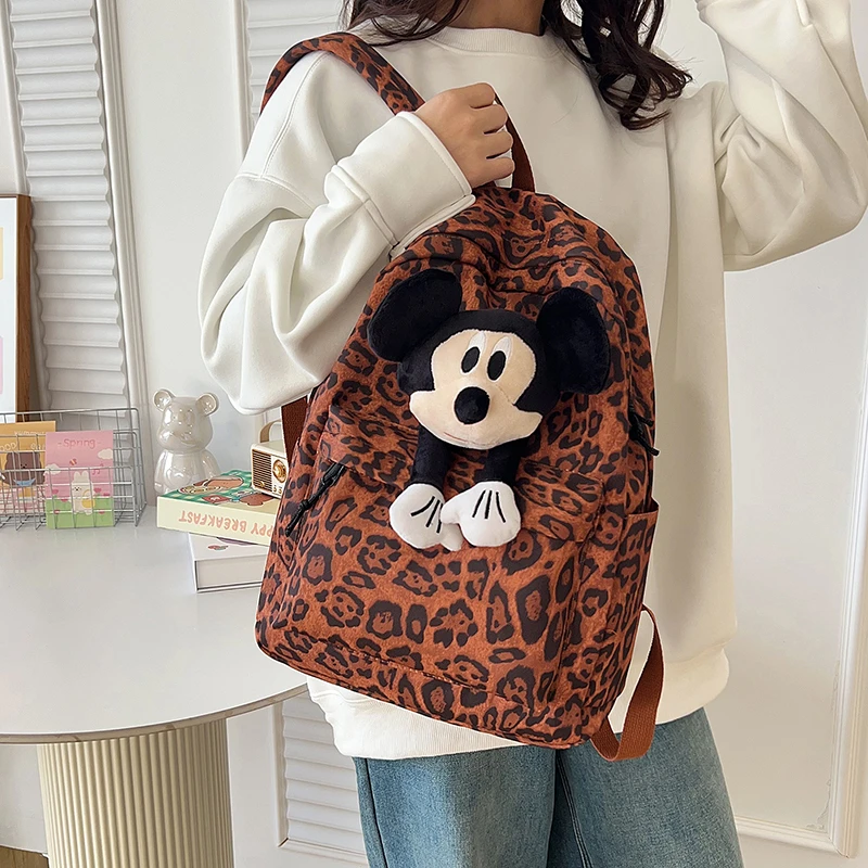 小众通勤大容量双肩包2024书包洋气时尚背包卡通新款米奇豹纹
