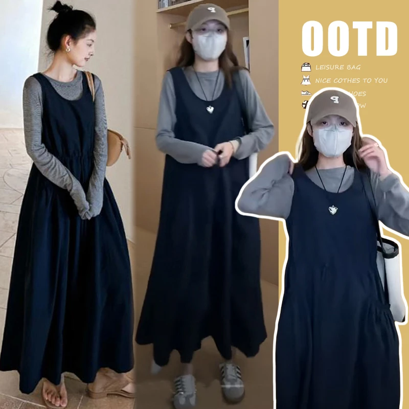 YNVO时尚~2025简约新款秋冬新品上衣+藏青休闲显瘦背带裙套装