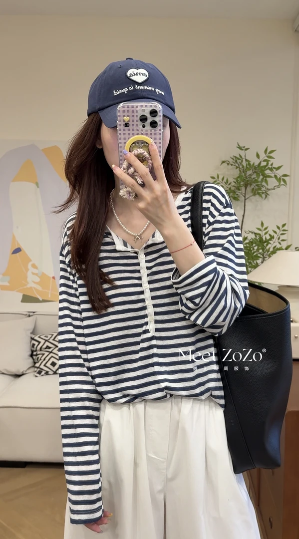 MEET ZOZO“秋上新”【清爽主义】秋季韩系条纹宽松休闲T恤女157281