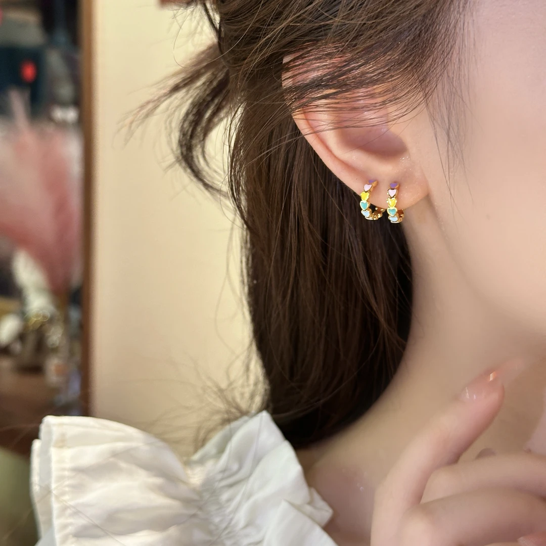 彩色滴釉小爱心耳环甜美彩虹耳圈同款设计感耳饰A-72