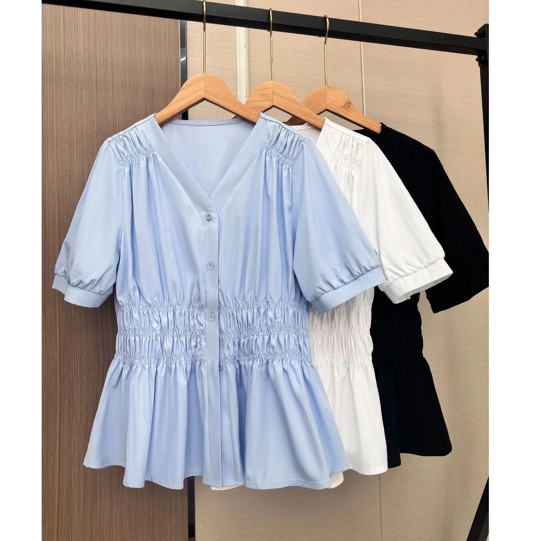 【依依】现货大码女装胖mm夏新款2025褶皱收腰纯色衬衫短袖休闲女