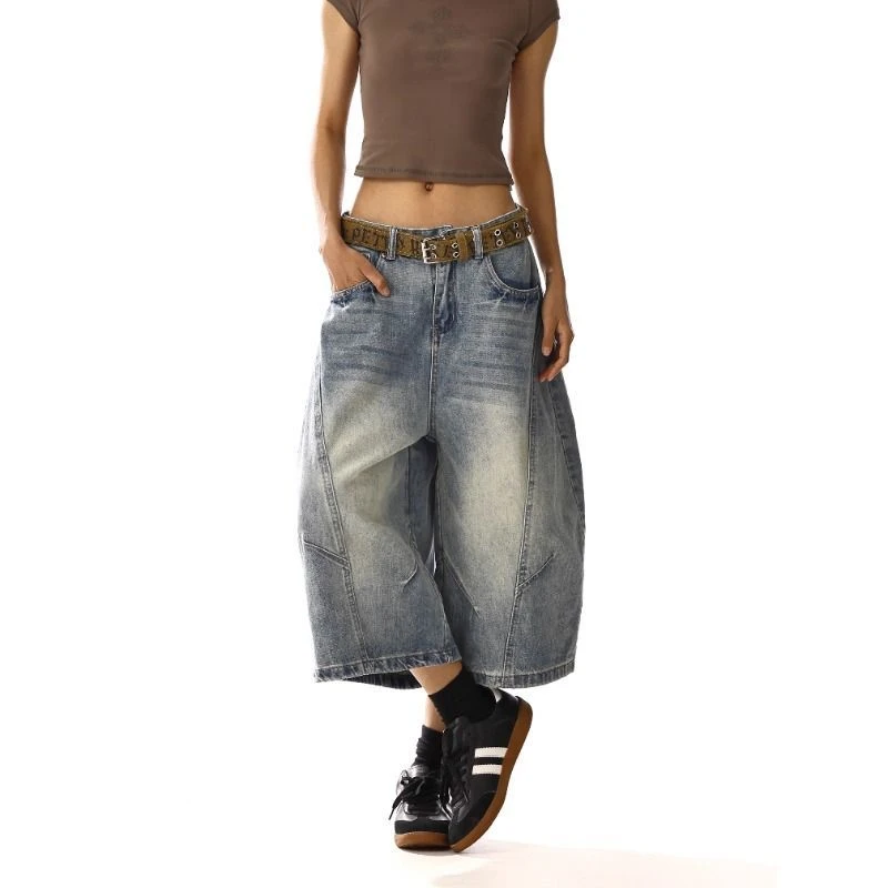 夏季美式复古解构弯刀牛仔短裤街头做旧水洗百搭休闲阔腿七分裤子