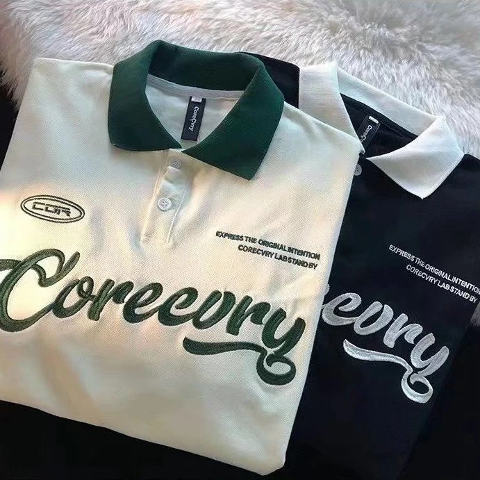 美式休闲字母POLO衫翻领短袖T恤男女宽松大码秋季新款半袖上衣男