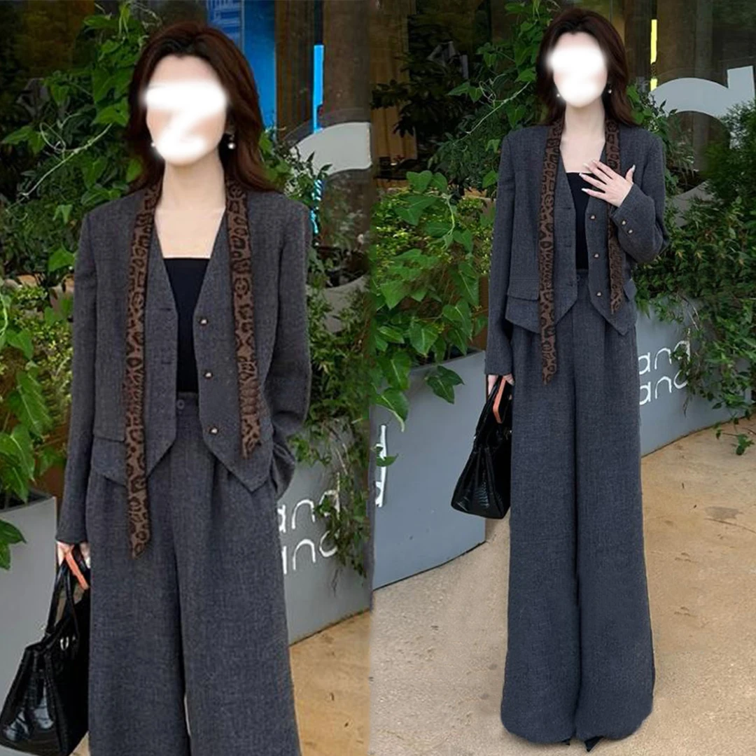 小香风时尚气质西服套装女2025秋季新款宽松显瘦上衣阔腿裤三件套