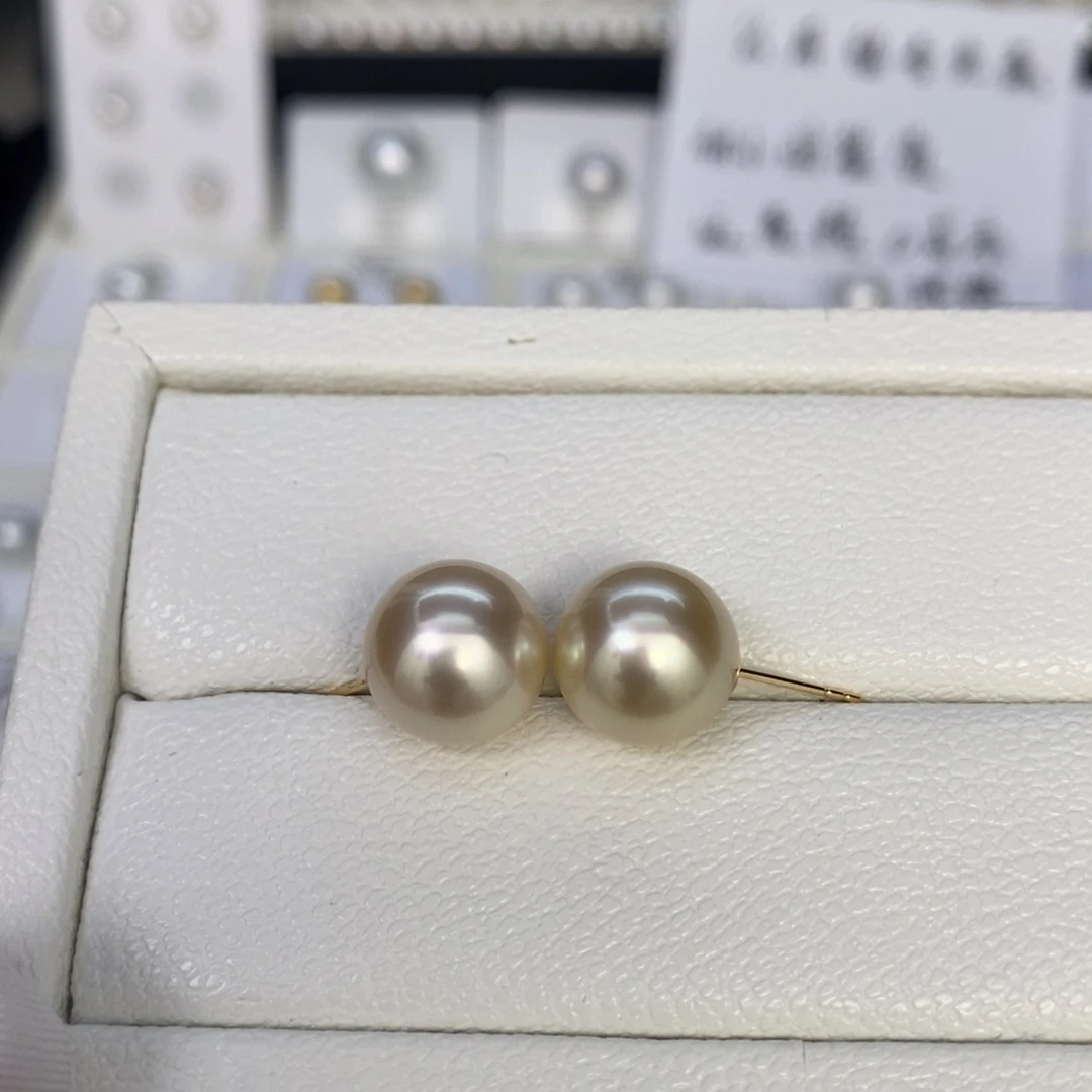 耳饰海水珍珠18K金镶嵌极光正圆无暇干枯金珠11-12mm