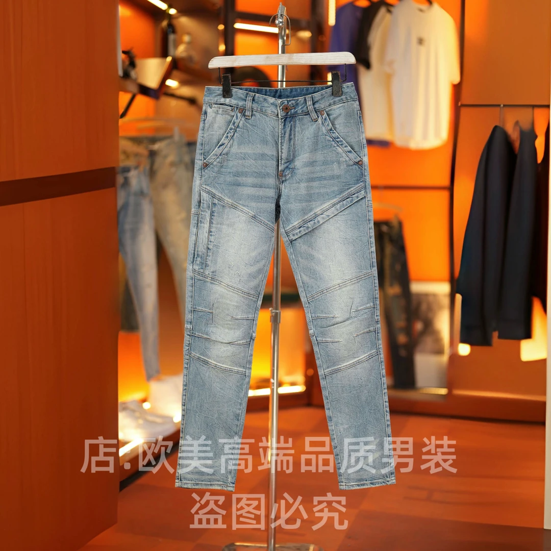 原创高端复古怀旧蓝色机车风拼接牛仔裤子男士修身小脚弹力潮牌