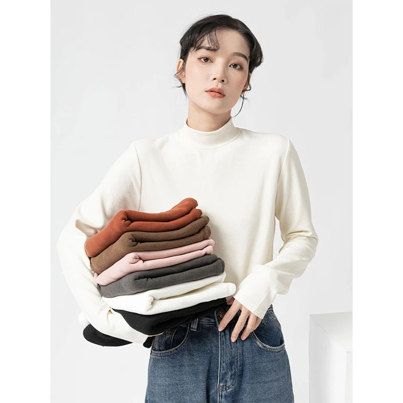 【600-650】半高领德绒长袖打底衫女秋冬季宽松显瘦上衣内搭磨毛T恤