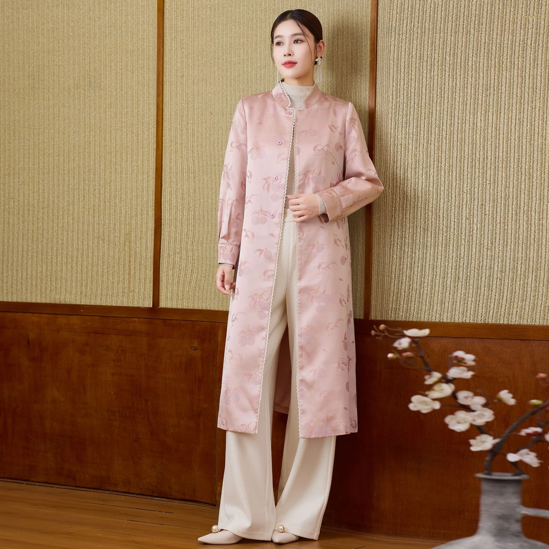 H383新中式国风外套女改良长款旗袍显瘦气质2025新款盘扣开衫上衣