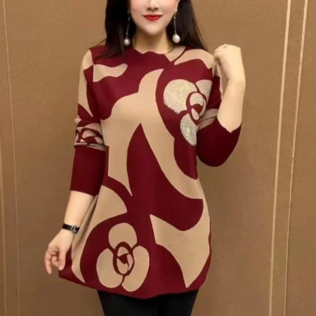 高档中年妈妈加厚保暖中长款针织衫秋冬款大码女装时尚提花打底衫