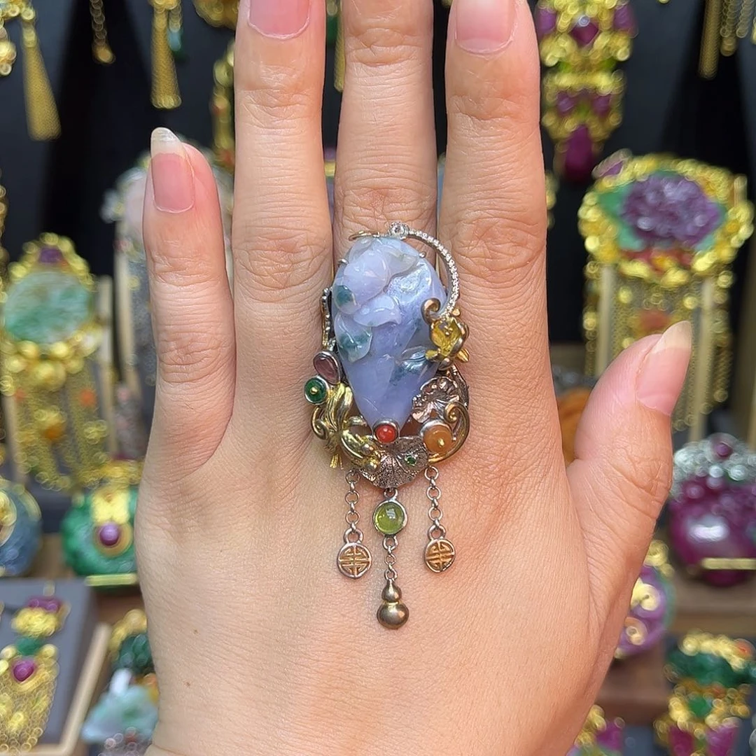 翡翠戒指银S925镶嵌紫罗兰翡翠戒指