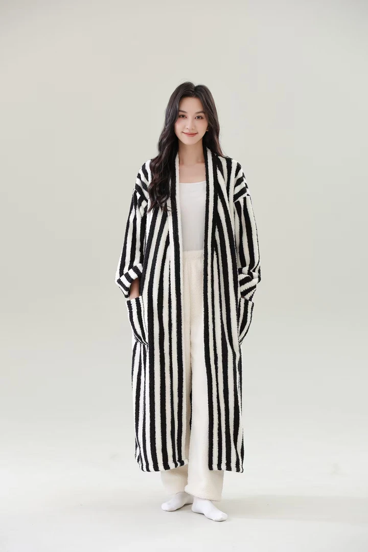 秋冬加长女情侣加厚条纹睡袍宽松提花男士开衫套装长袖睡衣保暖