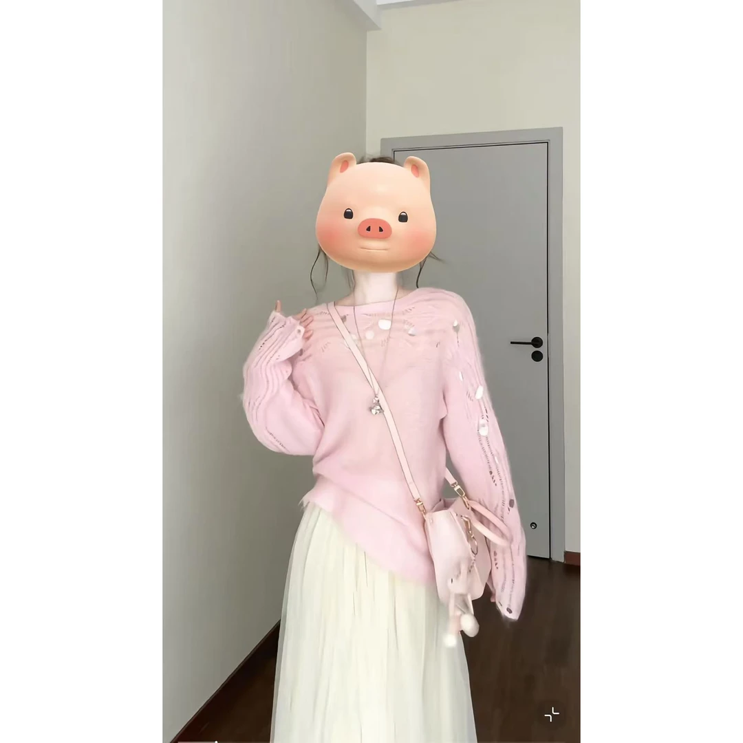 秋季套装女款爆款2025新款小个子镂空亮片针织衫上衣半身裙两件套