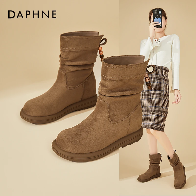 Daphne/达芙妮网红厚底堆堆靴女时尚西部牛仔靴增高小短靴瘦瘦靴