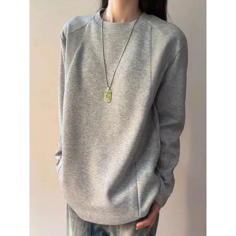 灰色美式正肩长袖t恤男秋季高级感曼巴棉重磅卫衣cleanfit打底衫