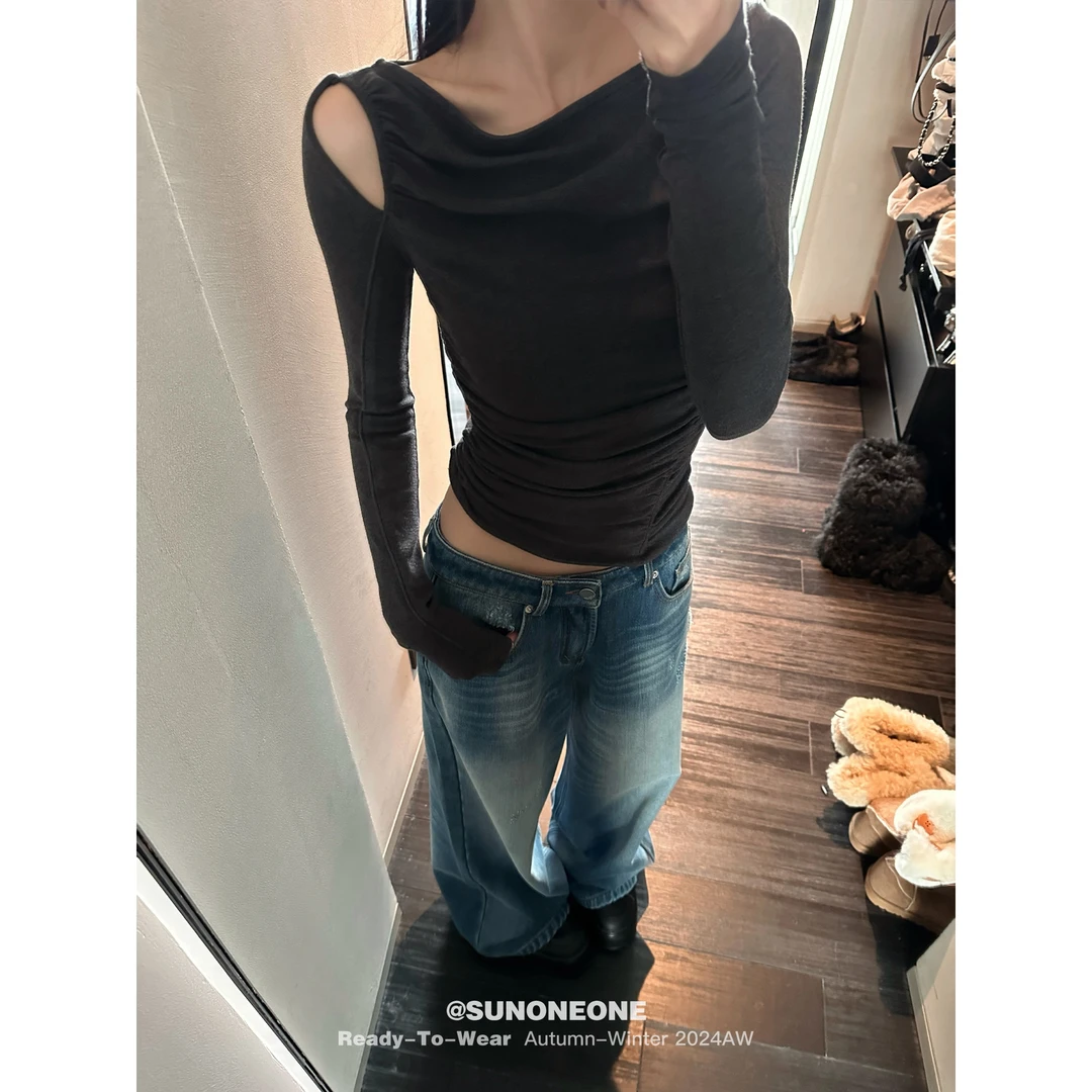 SUNONEONE 抽褶镂空打底衫女春季修身长袖内搭针织上衣H0641C