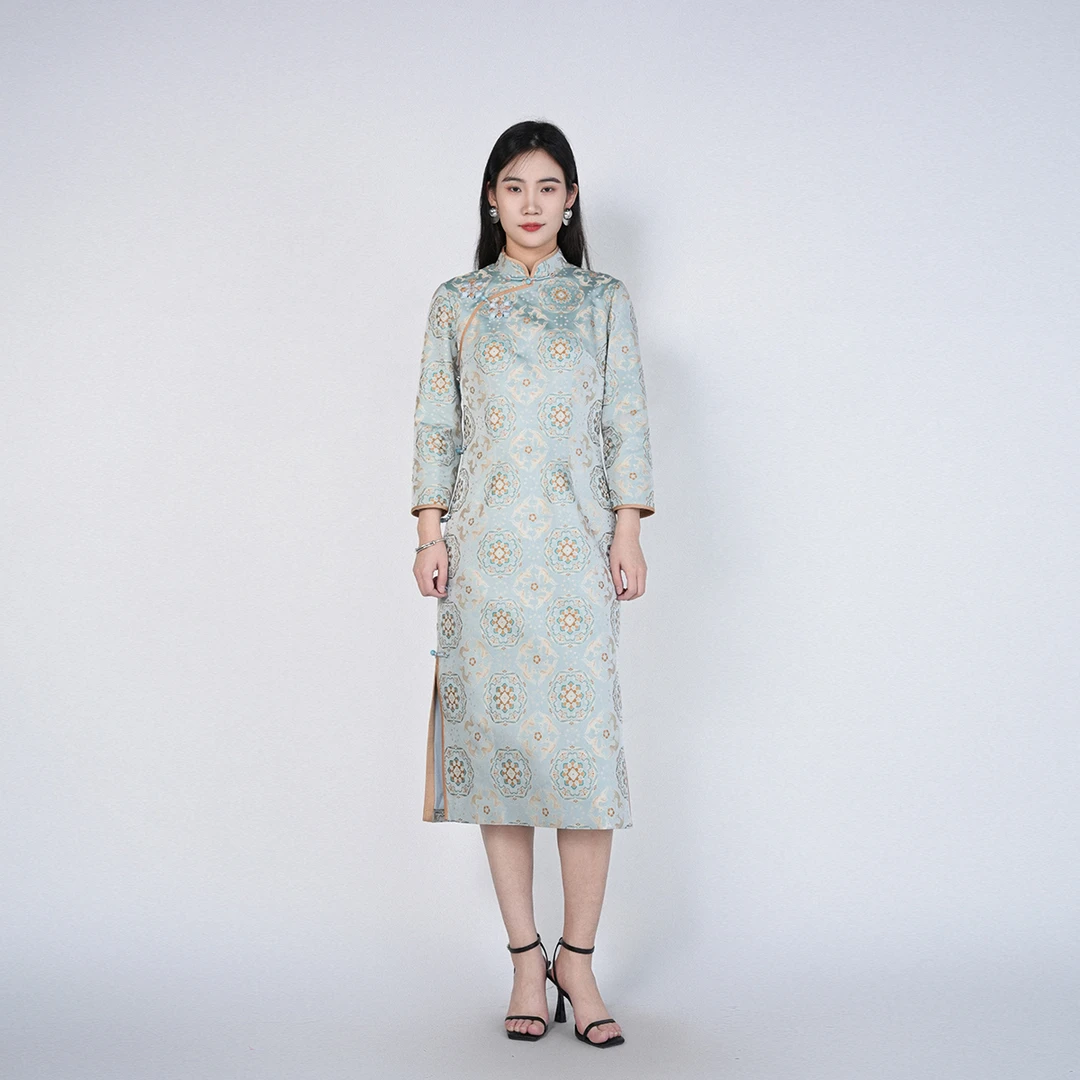 【大师系列】中式气质高级显瘦宝花奔鹿宋锦旗袍连衣裙HASS030003