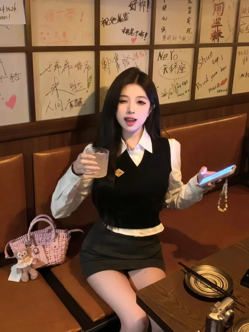 JMSHOP别拒绝女高韩式学院风套装秋冬针织背心纯欲学姐甜美包臀裙