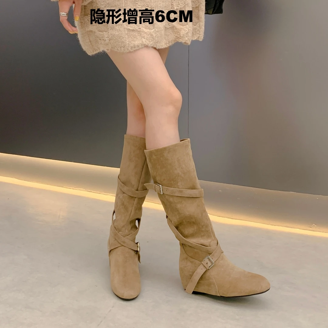 小个子内增高6cm~复古西部牛仔靴扣带褶皱堆堆靴显瘦中筒靴女