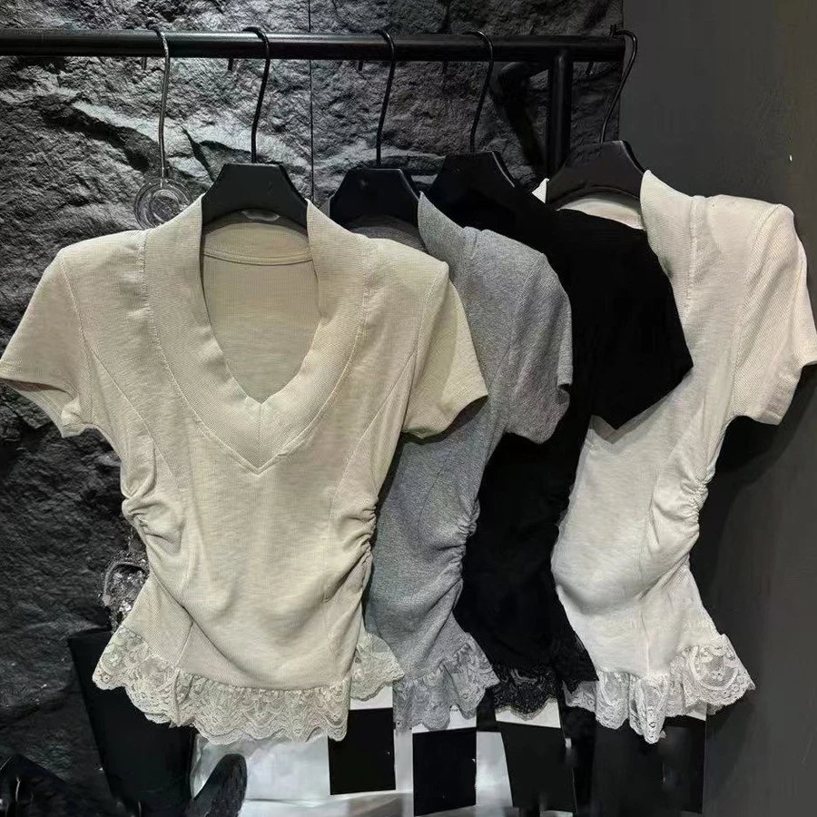 【诗雅】2025夏季新款韩版V领垫肩短袖修身显瘦拼接花边掐腰辣T恤女