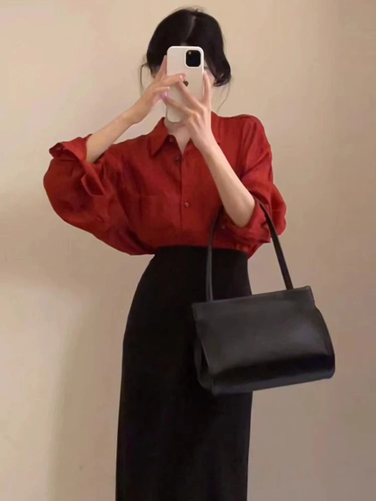 法式红色衬衫半身裙女2025年新爆款开春季气质穿搭一整套包臀长裙