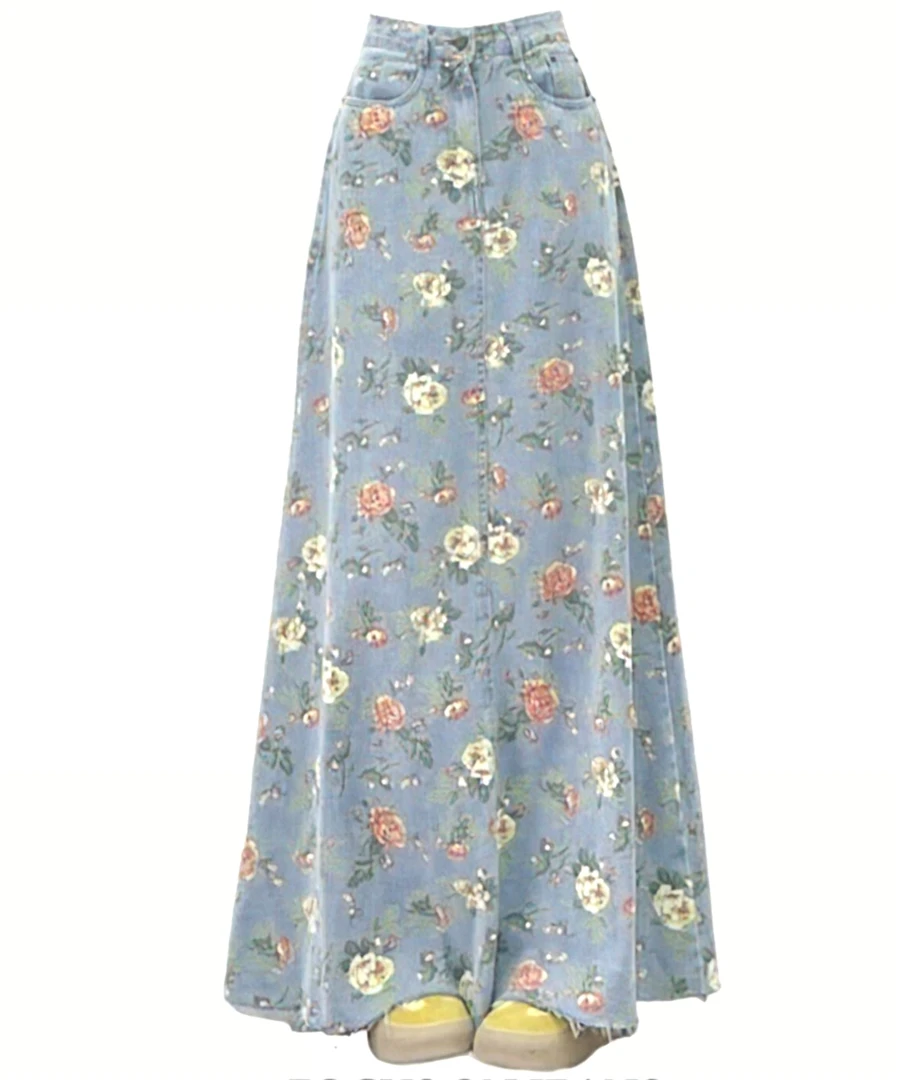 夏季新款高腰显瘦碎花牛仔半身裙中长拖地a字裙