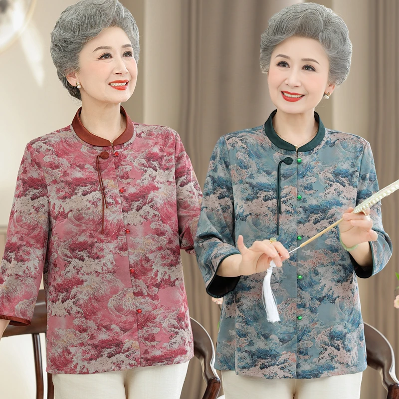 中老年衬衫奶奶衬衣国风中式七分袖新款老太太70妈妈上衣衣服新款