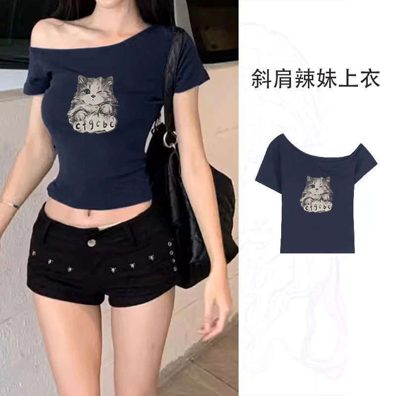 辣妹短款藏蓝色t恤女夏韩版修身显瘦别致独特绝美chic一字肩上衣