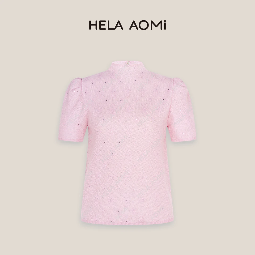 HELAAOMI “钻钻花朵”立领烫钻提花短袖修身显瘦针织衫CY5AB11602