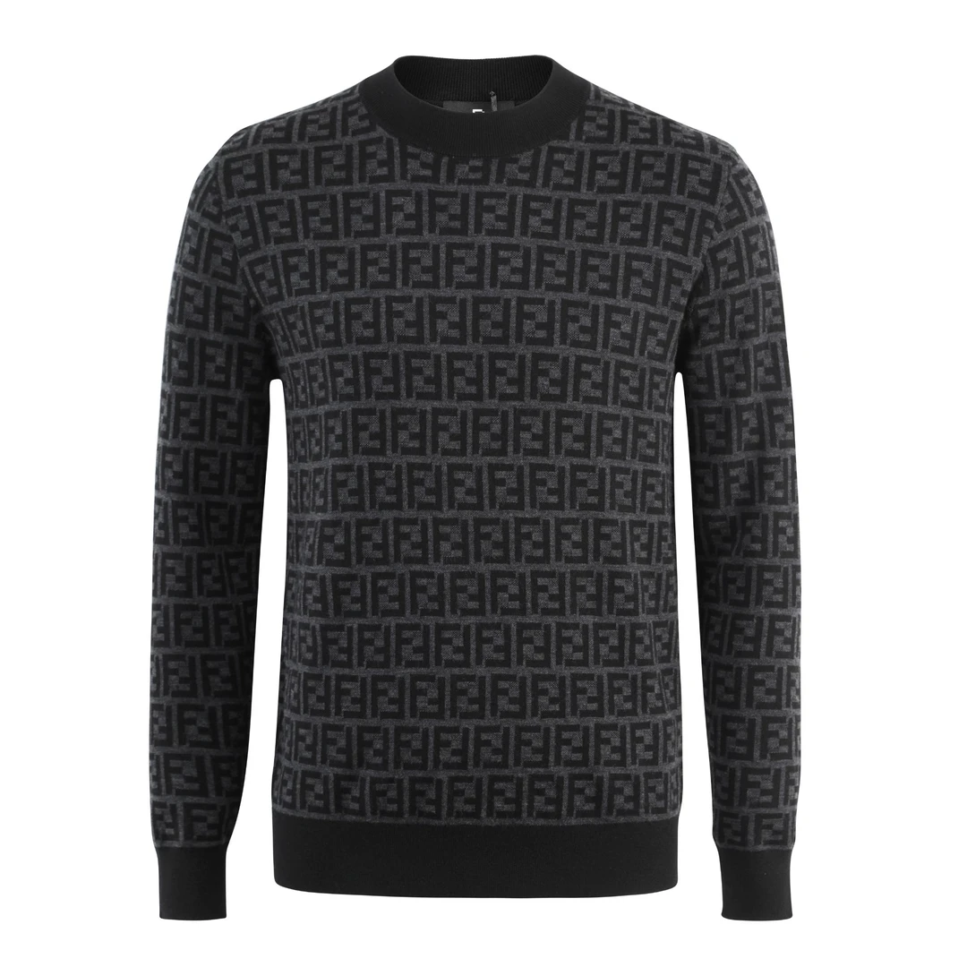 FENDPET25秋冬男士经典双F老花满印提花圆领长袖羊毛针织衫毛衣