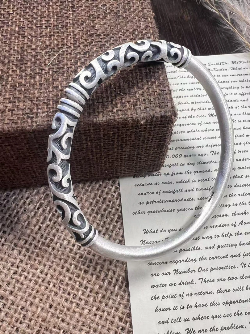 足银手镯  足银999复古黑神话金箍棒手镯  祥云男女同款情侣手镯